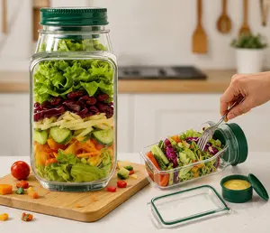 Portable Salad Jar with Side Opening, Leakproof Lunch Container with Dressing Cup, Double-Lock Food Storage Jar for Work, Office, Travel, Picnic & Healthy Meal Prep