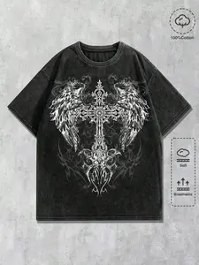 Men's Vintage Distressed Cotton T-Shirt, High-Quality 100% Washed Cotton, Wing Cross Print, Gothic Y2K Style, Casual Daily Wear