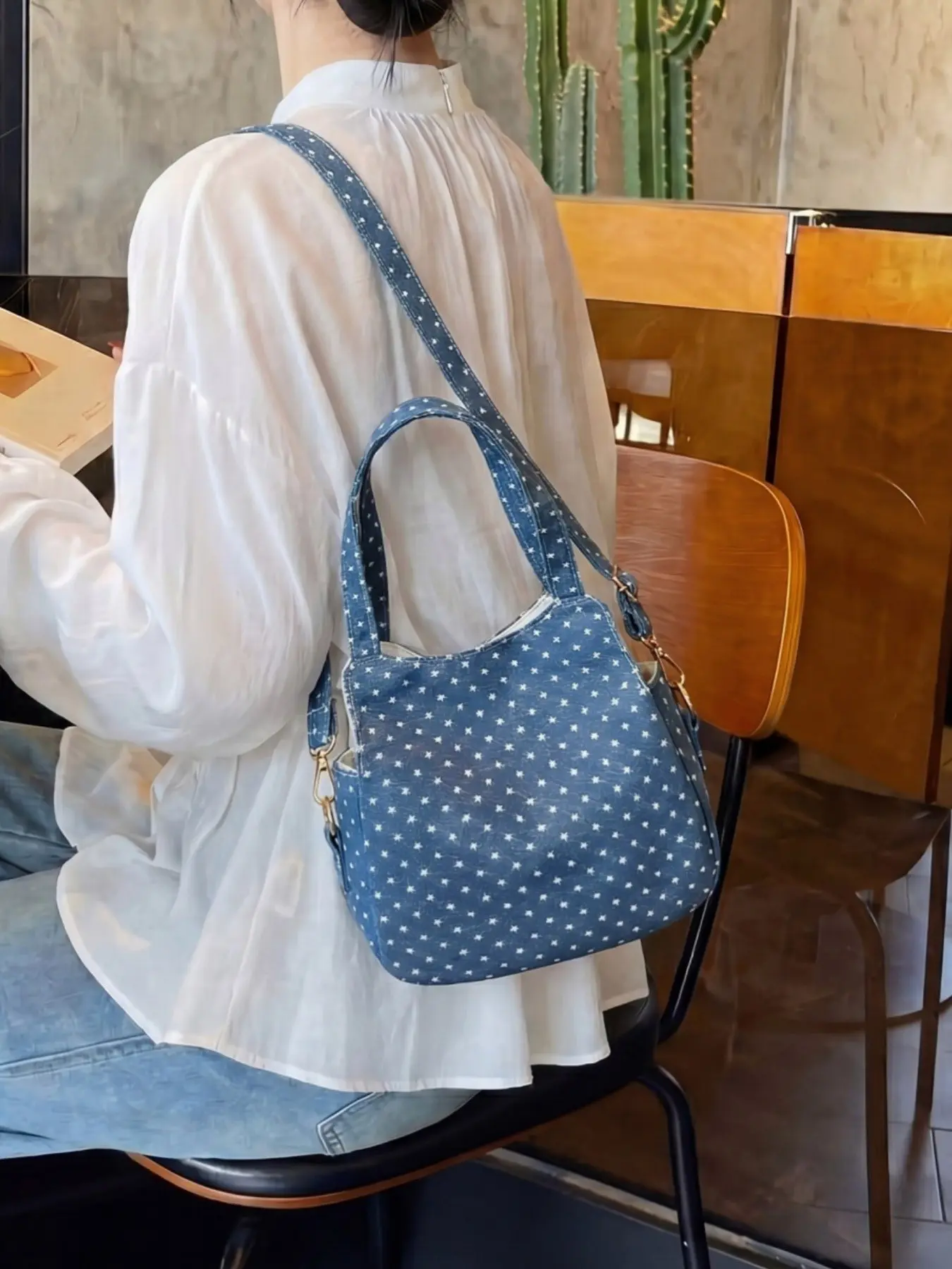 Star Print Denim Mini Bag, Adjustable Strap Handbag, Crossbody Backpack, Casual Versatile Bucket Bag, Multiple Colors, Lightweight Daily Use
