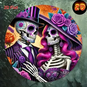 2D flat printing, 8x8-inch metal sign tin circular hanging picture wall art decoration 2D flat printing, Day of the Dead skull couple sign, art decoration logo, aesthetic logo, suitable for decoration in restaurants, bedrooms, living rooms, coffee shops,