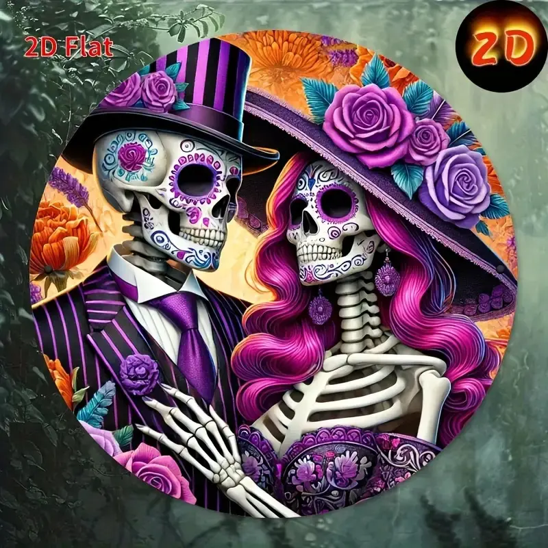 2D flat printing, 8x8-inch metal sign tin circular hanging picture wall art decoration 2D flat printing, Day of the Dead skull couple sign, art decoration logo, aesthetic logo, suitable for decoration in restaurants, bedrooms, living rooms, coffee shops,