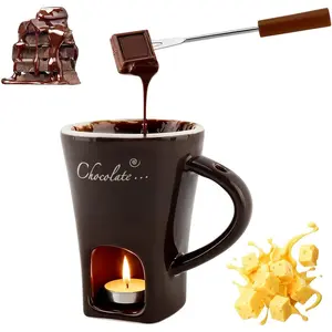 Chocolate Fondue Mugs, Chocolate Melting Cup Set with Forks Candle Warmer, Mini Ceramic Coffee Warmer Mug, Fondue Cups With Forks For Date Night Birthday Wedding Gifts(Black)