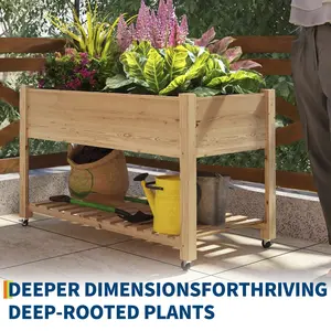 Sturdy Elevated Raised Garden Bed with Lockable Wheels and Legs – Wooden Planter Box with Storage Shelf, Protective Liner – Mobile Outdoor/Indoor Garden Container for Vegetables, Flowers, Herbs – 48x24x30in