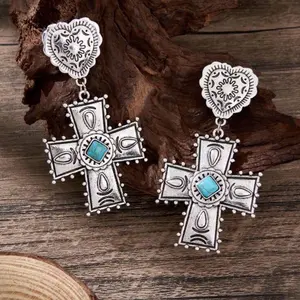 Western Style Blue Stone Earrings for Women Fashionable Jewelry with Intricate Cross Design and Turquoise Accents