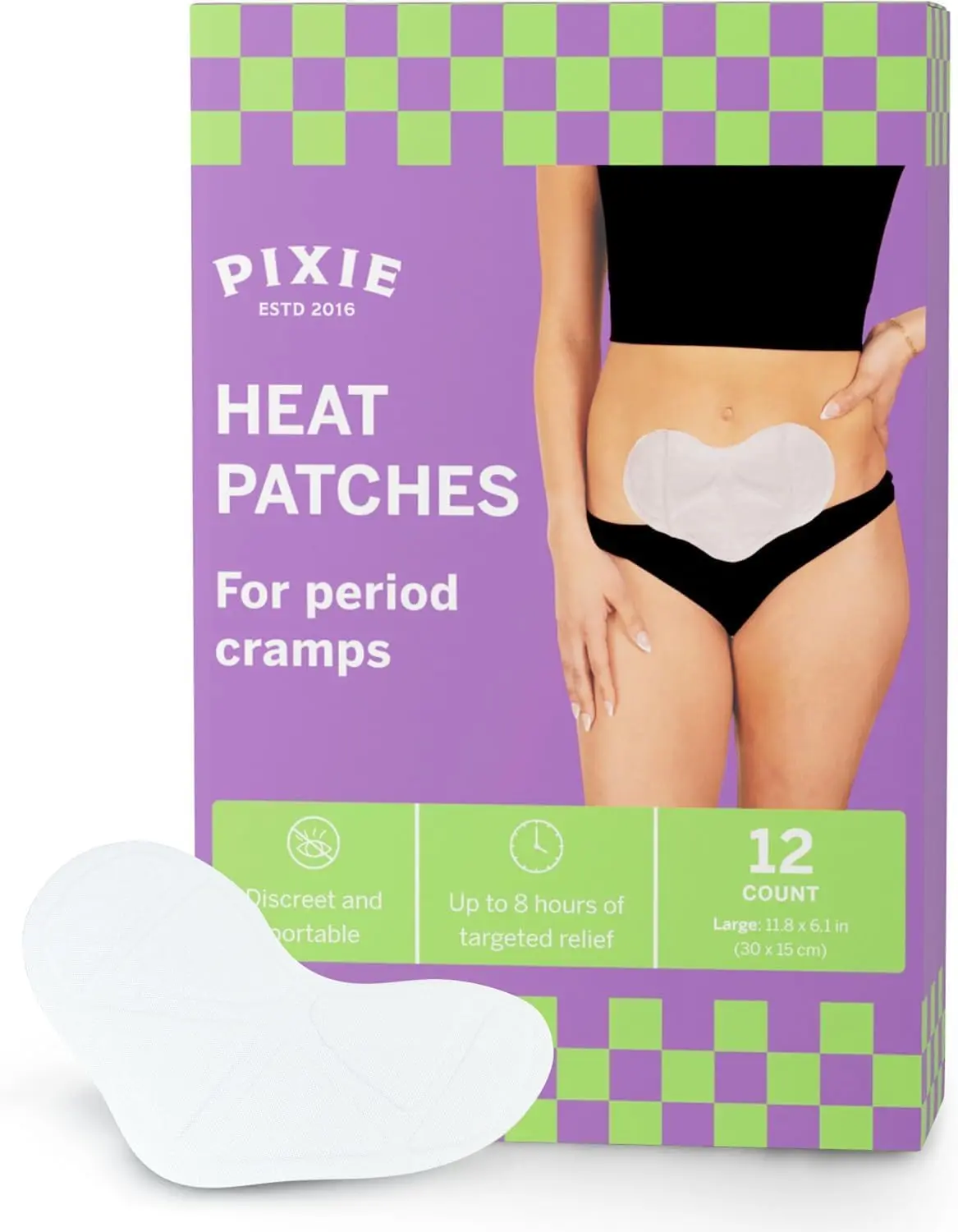 Pixie 8-inch Menstrual Pain Relief Heat Patches – Up to 8 Hours of Warming Comfort – Air-Activated Disposable Heat Pads – Wearable Body Warmers (12 Count)