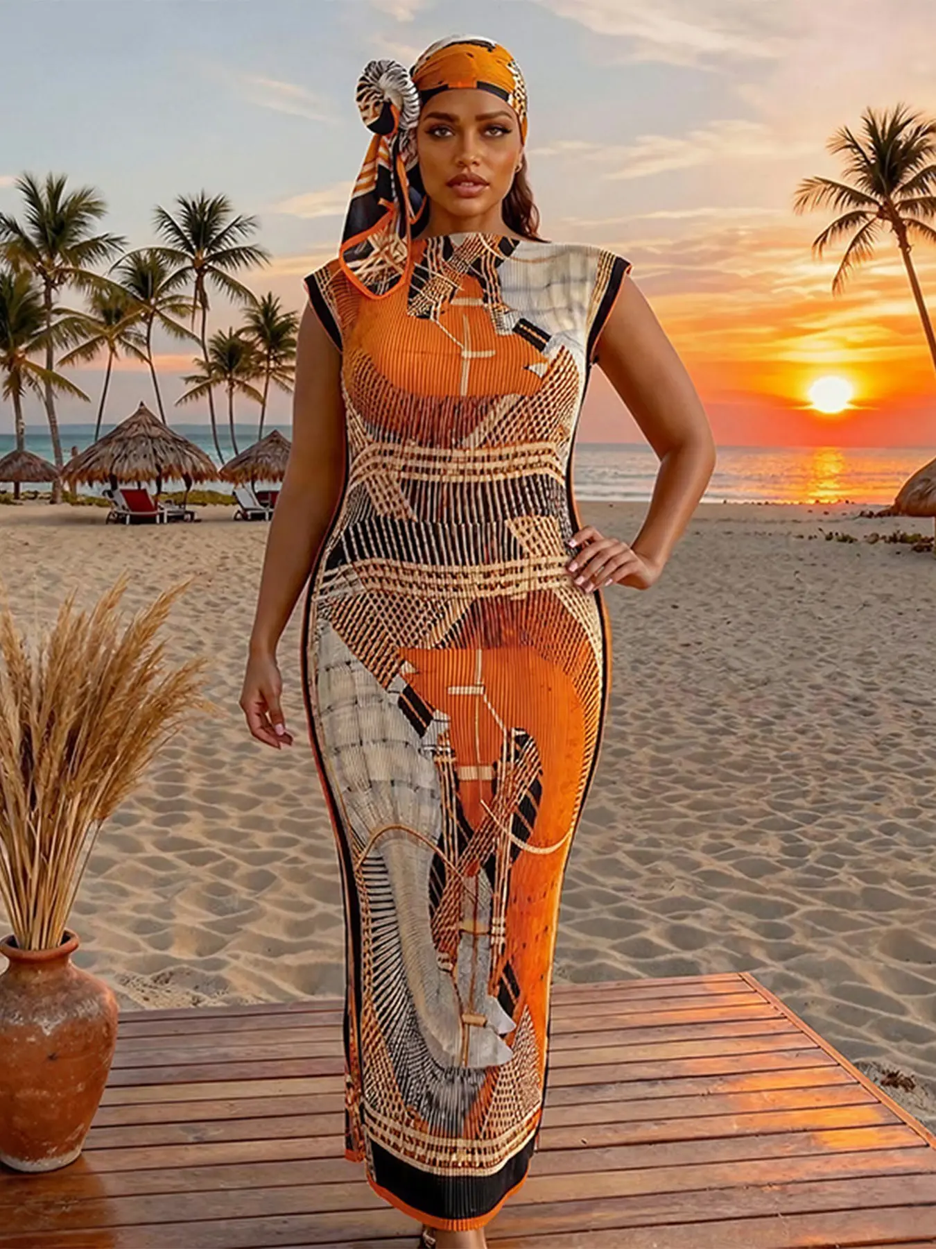 Women's Elegant Slim-Fitting Long Dress Set, All-Over Printed Shawl & Scarf, Beach Sun Protection Silk Wrap, Swim Cover Ups, Beach Coverups, All Seasons Fashion