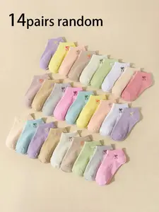 Women's Summer Thin Socks, Candy Color Low-Cut Boat Socks, Cute Japanese Style Bowknot Pattern, College Wind Versatile Socks