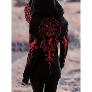 [ Print Tribal Viking Hoodie] Tribal Viking Totem   Print Zipper Hoodie Can be used with a raincoat