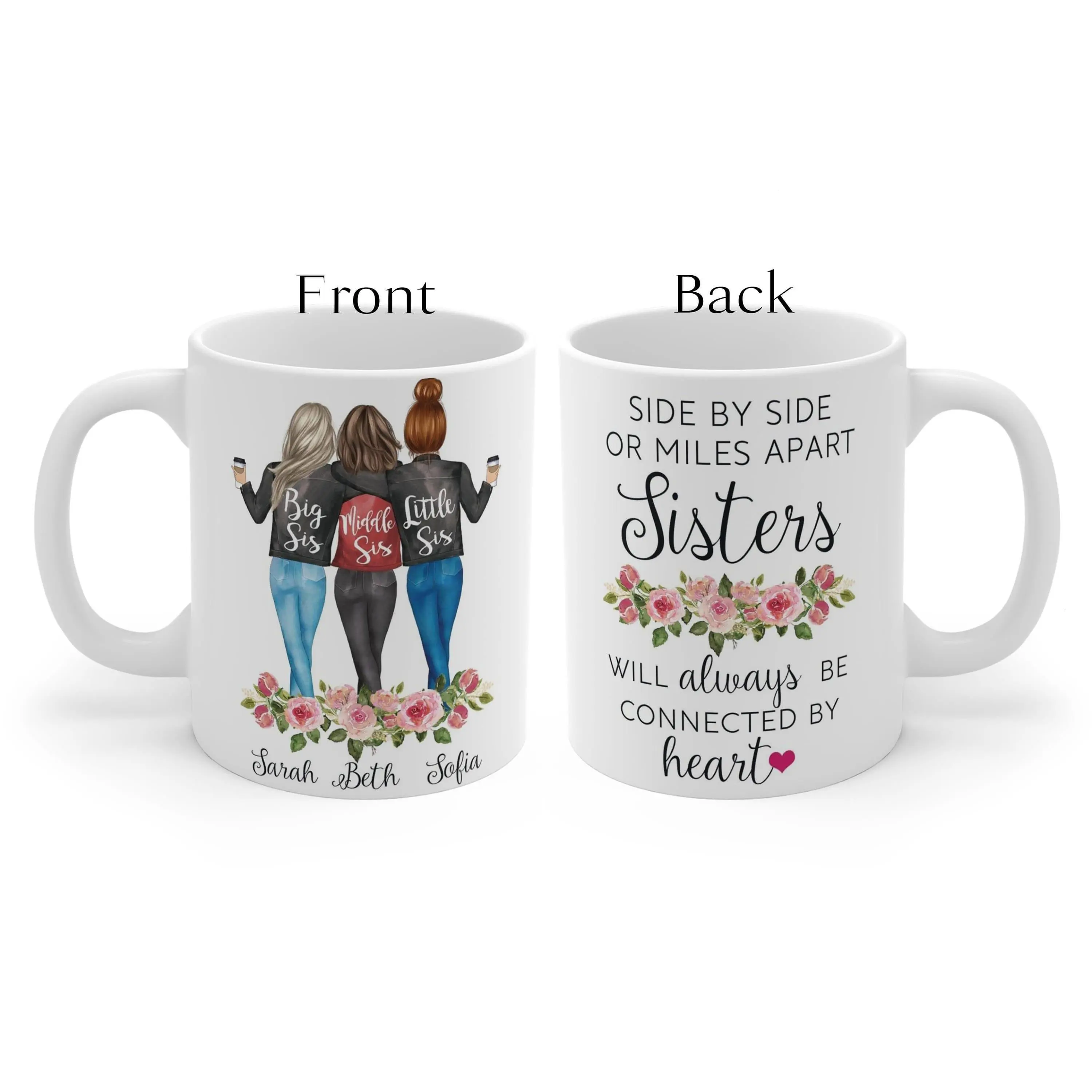 Side by side or miles apart, sisters will always be connected by heart, Personalized best friend mug, long distance, gift, mug, 3 people mug