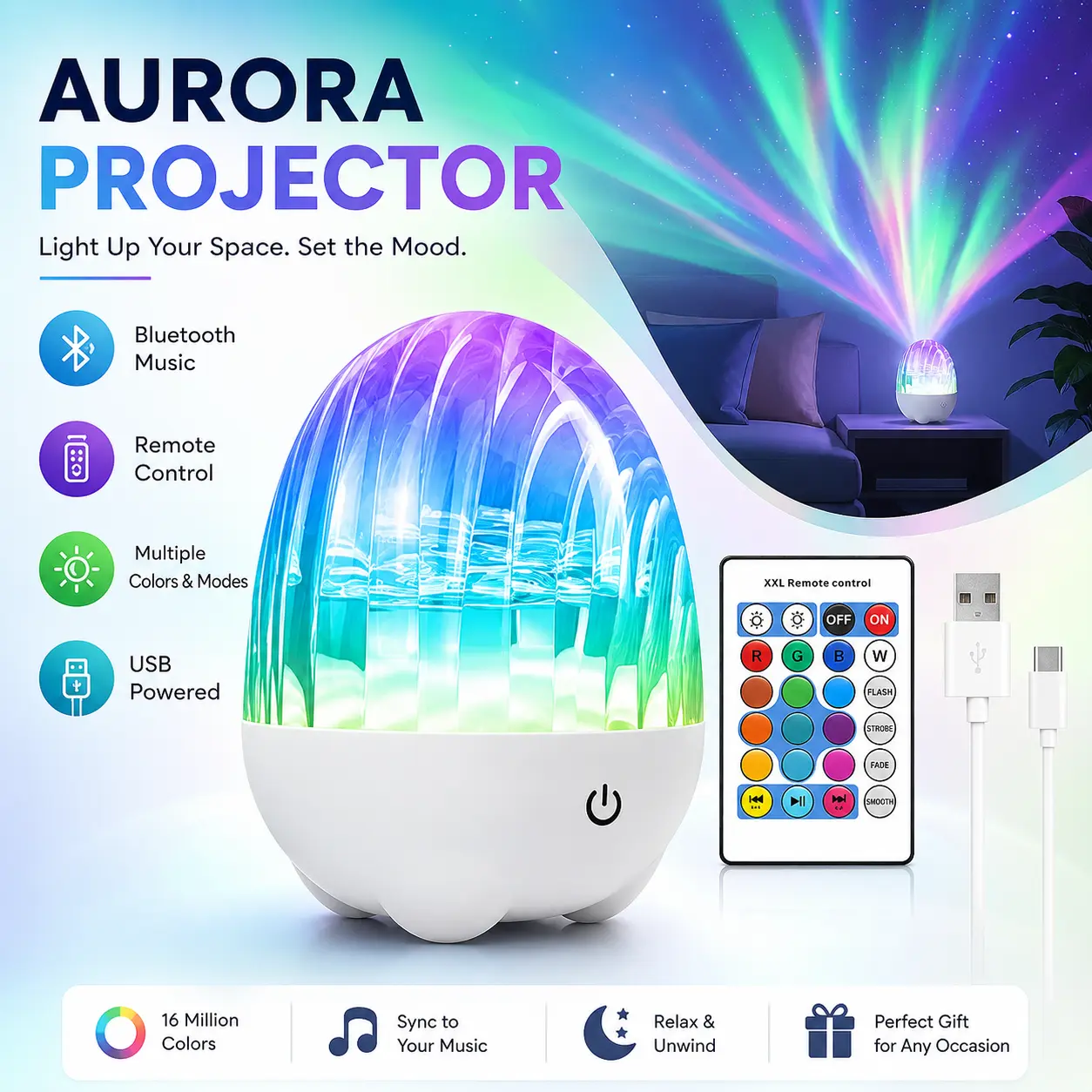 Bluetooth Music Speaker with Aurora Water Wave Projector, Sound-Activated Ambient Light, Wireless Charging Remote Control Gift for Bedroom, Camping & Summer Parties