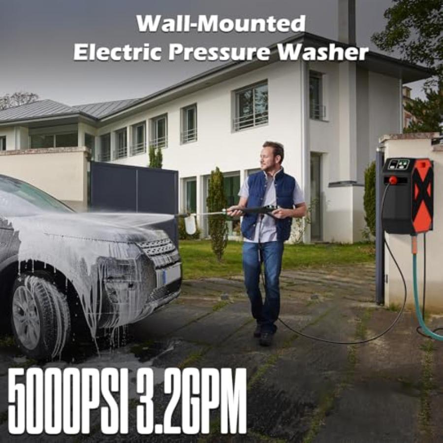 Wall Mounted Pressure Washer with 5000PSI High-Pressure Power 100FT Retractable Hose 5-Stage Adjustable Pressure Settings Foam