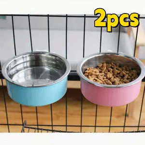 2pcs Hanging Pet Cage Feeder Bowl for Puppies, Kittens, Rabbits, Guinea Pigs - Removable Stainless Steel & Plastic Dog & Food/Water Dispenser with Cage, Assembly, for Small Dogs (Suitable for Crates)