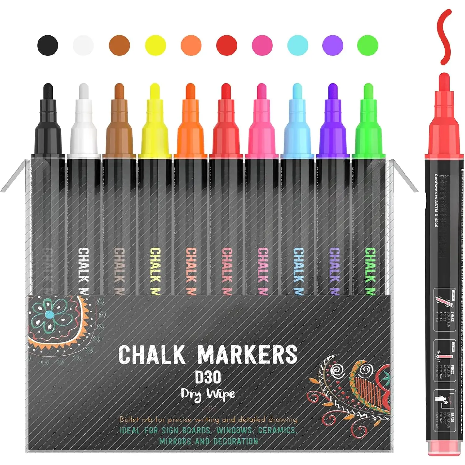 Chalk Markers, Dry Erase Liquid Chalk Marker Pens Erasable for Chalkboards, Signs, Windows, Blackboard, Glass and Mirrors - 3mm Fine Tip (Multicolor Pack of 10)