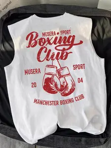 Men's Vintage Sports Aesthetic Boxing Print Vest, Loose Fit Boxing Club Print & Retro Glove Details, High Quality Soft Sleeveless Jersey
