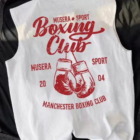 Men's Vintage Sports Aesthetic Boxing Print Vest, Loose Fit Boxing Club Print & Retro Glove Details, High Quality Soft Sleeveless Jersey, Graphic Print Vest