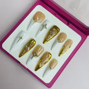 DiDazzle 10 PCS Stiletto Handmade 2025 Press - on Nails | PlumBlossom with Acrylic Flower & Gold Bead Accents