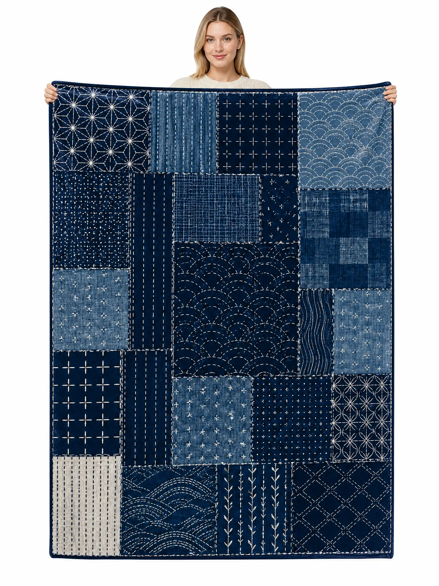 Japanese Boro Sashiko Indigo Patchwork Flannel Throw Blanket - Plush, Soft, Cozy, Warm, Lightweight - Ideal for Sofa, Office, Travel, All-Season Home Decor & Holiday Gift