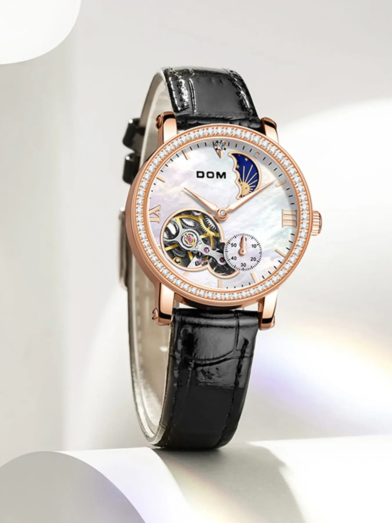 Women's Luxury Automatic Mechanical Watch, Full Moon Phase Display, Waterproof Design, Elegant Casual Style, Includes Box & Adjustable Strap