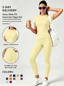 2-Piece Solid-Color Athletic T-Shirt Set Women's Sportswear Set, Slim-Fit RoundNeck Short Sleeves & High-Waisted YogaPants, Ideal for Gym Running OutdoorActivities,  Stretchy Suit Set, Fitness Outfits,Workout Running Outfits-8627 Sporty Crew Neck Sweat Su