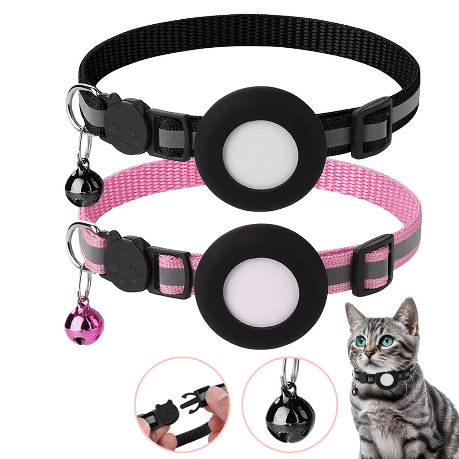 1/2Pack For Airtag Pet Collar with Bell and Safety Buckle, Fits for Apple Airtag Collar with Silicone Holder Reflex Streak for Small Cats Dogs