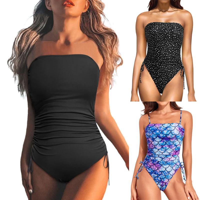 Strapless Ruched One Piece Swimsuit for Women, Tummy Control Bandeau Bathing Suit with Drawstring