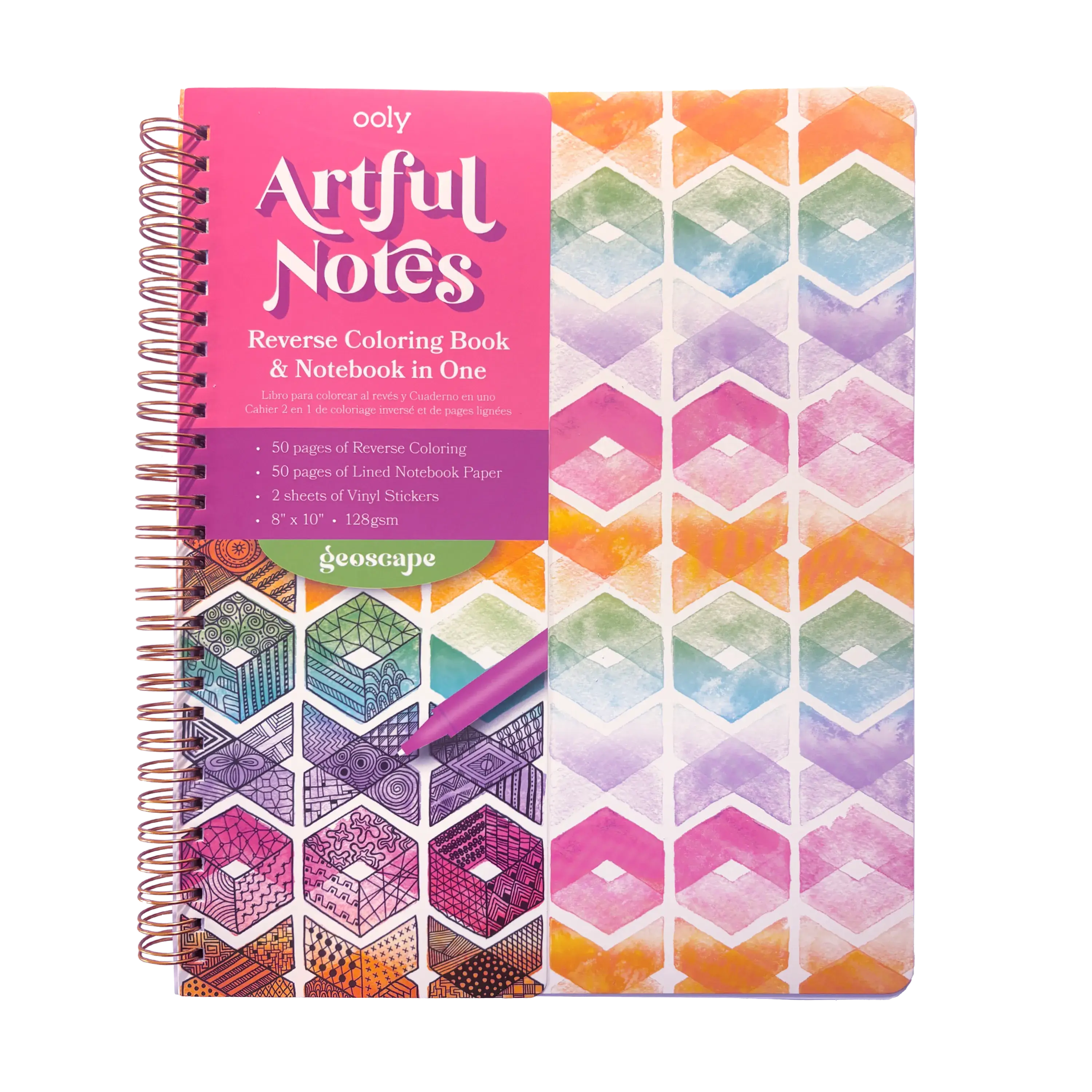 Artful Notes Reverse Coloring Notebook - Geoscape - 100 Pages 2 Sticker Sheets
