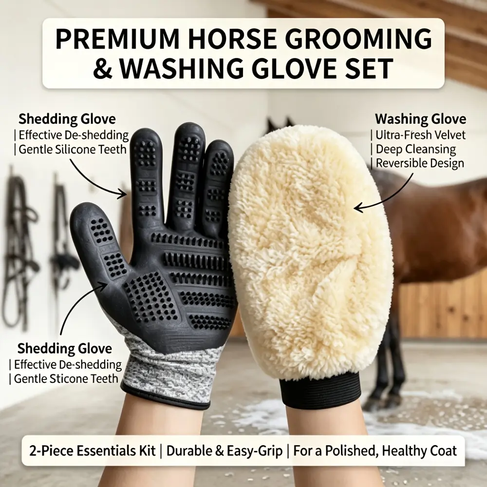 Horse Grooming Glove Set with 1 Pair Grooming Gloves + 1 Bathing Glove, Soft Velvet Deep-Cleaning Mitts for Dust Removal, Silicone Bristles for Loose Hair, Easy-Grip Grooming Kit for Horses, Dogs & Cats