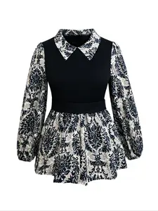 Elegant Plus Size Women's Doll Collar Long Sleeve Printed Patchwork Top, Vintage American Style, Waist Cinched, Versatile for Daily Commute