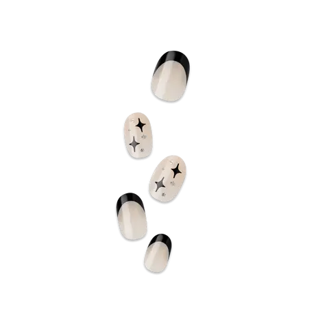 Impress Design No Glue Fake Press On Nails - Gold Ring | French Design, Black, Short, Oval, Manicure