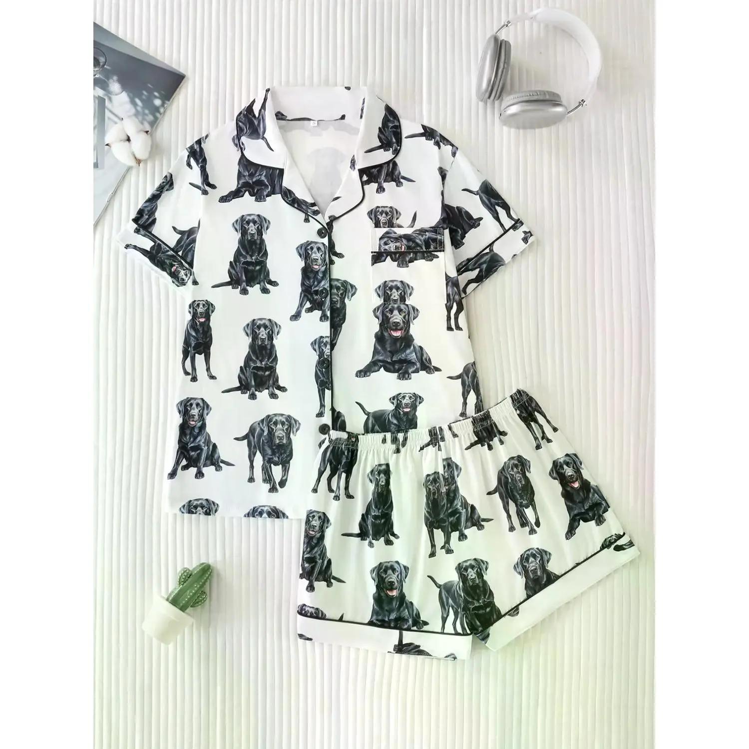 Labrador All-Over Print Satin Women's Pajama Set - Soft, Comfortable Loose Fit Sleepwear
