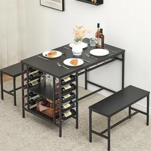 Dining Table Set for 4, Kitchen Table Set for 4 with 2 Benches, Rectangular Dining Room Table Set with Wine Rack, 3 Piece Dining Table Set for Small Space Apartment, Black