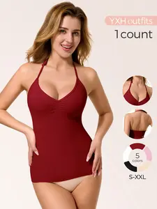 Women's Halter V-Neck Shapewear Tank Top, Tummy Control Seamless Compression Ruched Slimming All Seasons