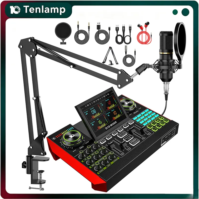 Tenlamp G10 Podcast Equipment Bundle, Audio Interface Sound Card Mixer with Condenser Microphone, Bluetooth Karaoke Mixer for Live Streaming, Gaming, Voice Changer, Compatible with iPhone PC Android