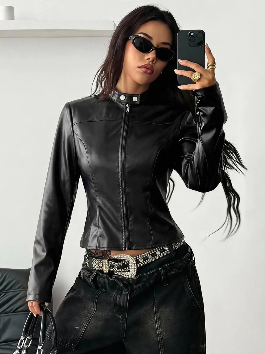 LUNA LAYER Women's Fall Winter Streetwear Casual Party Rave Outfit Punk Preppy Chic Basic Warm Slim Fit Zipper Closure Motorcycle Black Leather Jacket