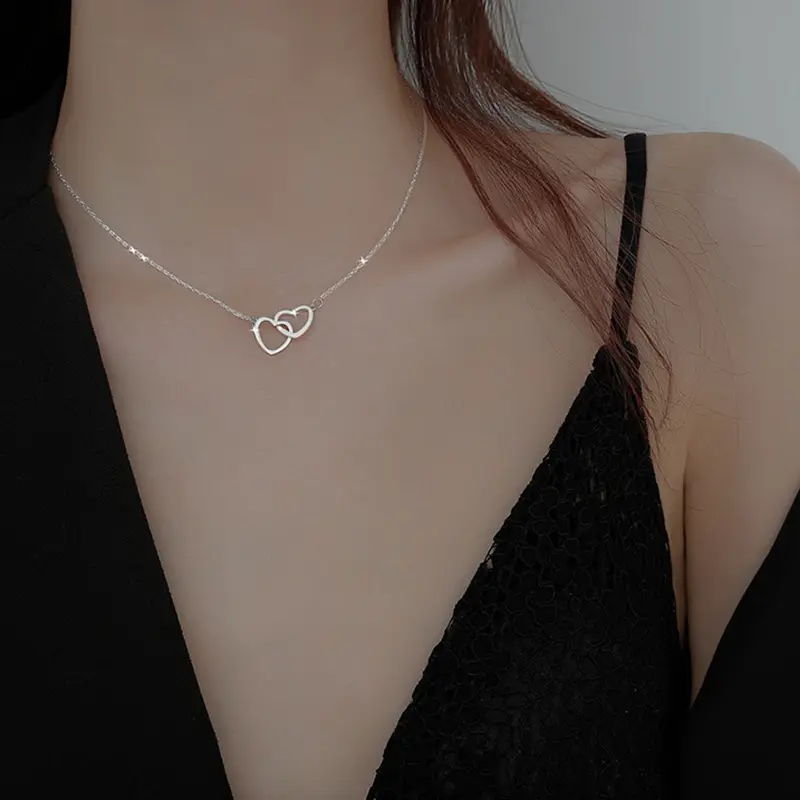 Double Heart Silver Necklace # XL054