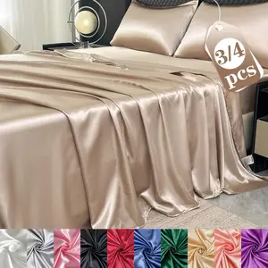 3/4 Piece 100% Polyester Satin Sheet Set, Includes 1 Fitted Sheet and 1 Flat Sheet and 2 Pillowcases, Bedding Set for Twin/Queen/King Silky Smooth, Solid Weave Bedding - All Season Comfort, Machine Washable - Perfect for Year-Round, Satin Bed Sheets