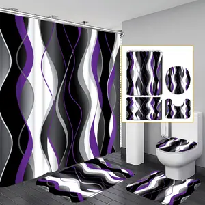 1pc/4pcs 2D Flat Black, White Wave Pattern Multi-Color Background Shower Curtain, Modern Home Bathroom Art Decoration, Shower Curtain Set with 12 Hooks, Bathroom Non-Slip Mat, Toilet Seat Cover, Shower Essentials, Holiday Decoration