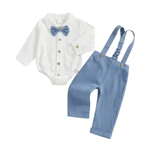 REDWOON Baby Boy Clothes Set Lapel Neck Button Romper Bowtie Shirts Suspenders Pants Infant Toddler Wedding Outfit