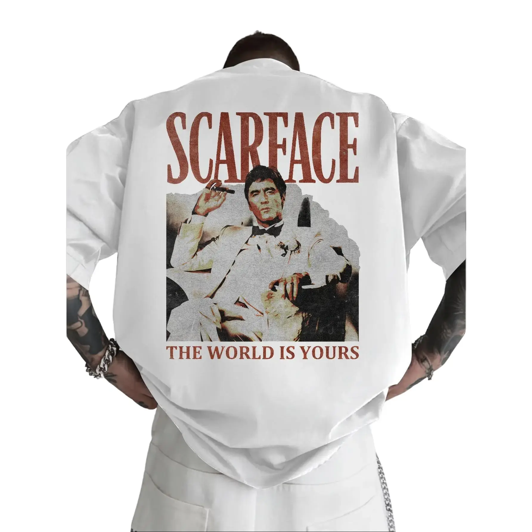 Scarface "The World Belongs to You" Retro Distressed Print Oversized Black Short-Sleeve Shirt - Retro movie pattern hip-hop aesthetic, unisex, Y2K street style casual summer outfit, Tshirt, Round Neck