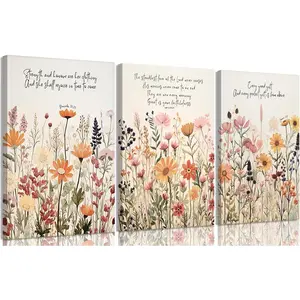 Framed 3Pcs Christian Floral Canvas Wall Art Prints Bible Scripture Wildflowers Paintings Flowers Pictures Wall Decor for Church Prayer Room Living Room Home Decoration 12x16 Inch