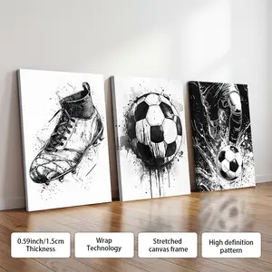 3 Pcs Black And White Football Poster Canvas Wall Decoration, Optional Frame, Sports-Themed Wall Decoration, Modern Art, The Perfect Gift For Sports Enthusiasts, Home Decoration Item, Suitable For Living Room, Entrance Hall, Bedroom, Bathroom.