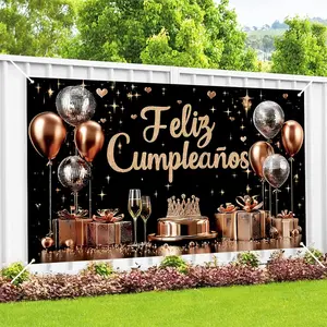 1pc 2D Flat Rose Golden Spanish Birthday Background 180x110cm Polyester Material Party Scene Decoration Banner for Indoor Outdoor Use - Ornaments