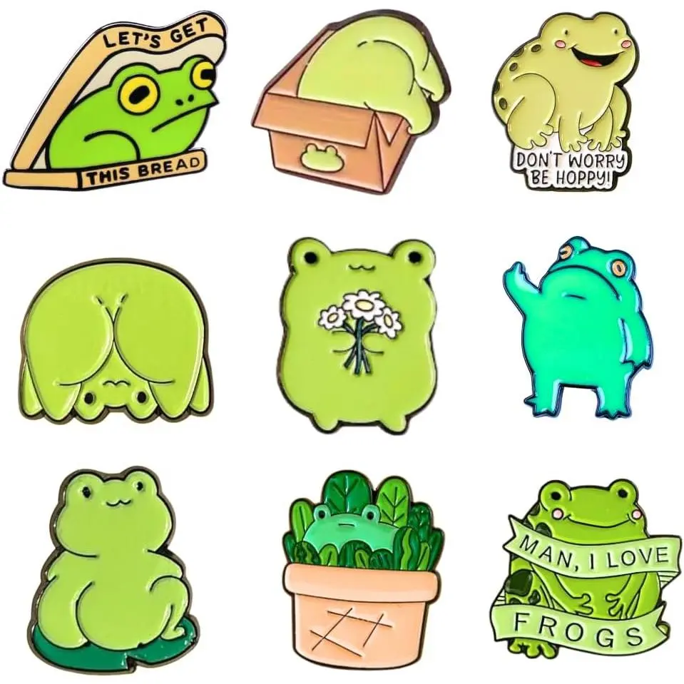 9-Piece Frog & Mushroom Enamel Pin Set, Unisex Accessories for Casual Wear, Jackets & Backpacks with Secure Clasp, Vibrant, Animal, Cartoon, Frog Motifs, Frog Themes