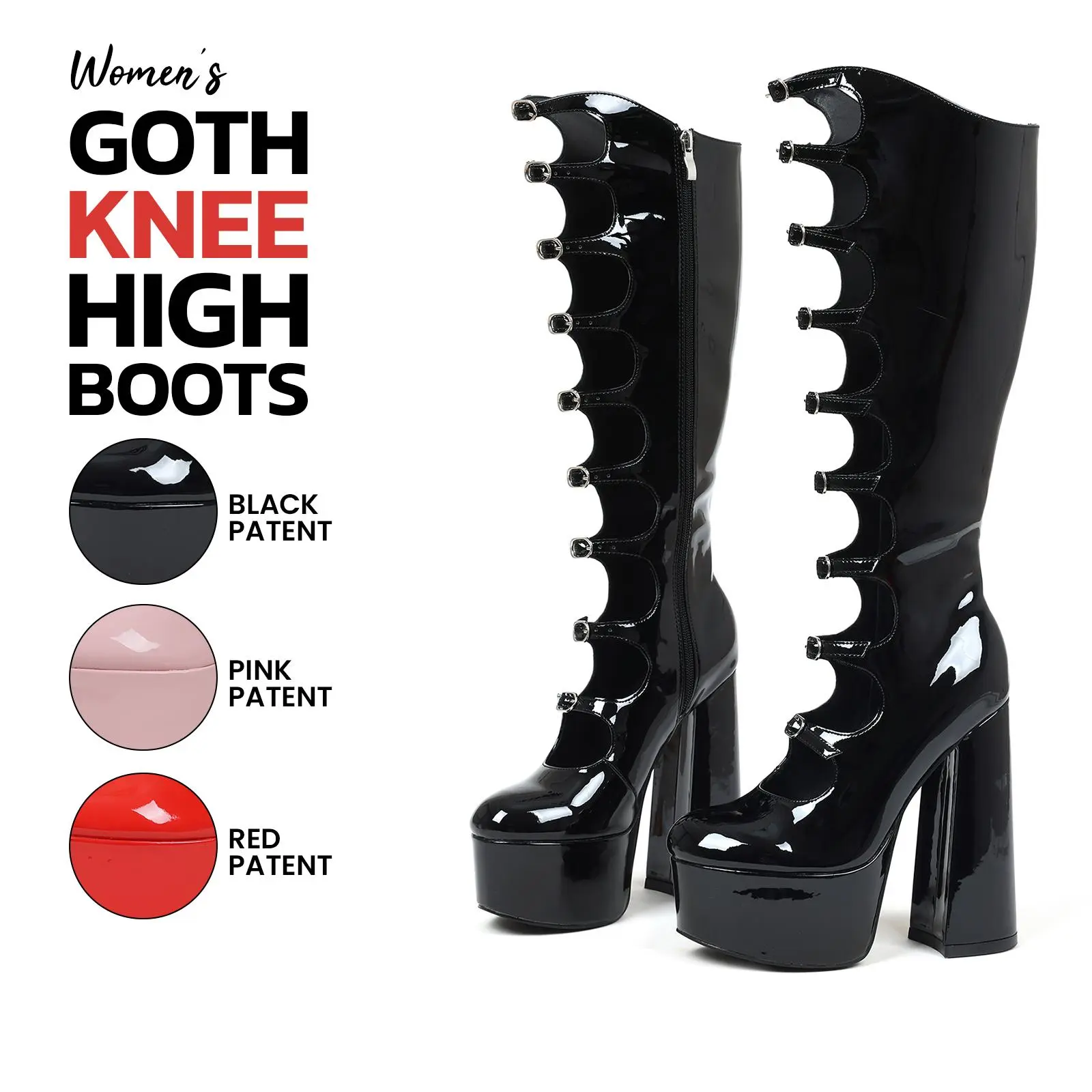 Goth Knee High Boots for Women Round Toe Chunky Block High Heel Buckle Straps Side Zipper Combat Party Punk Rave Concert Trendy Gothic Long Boots