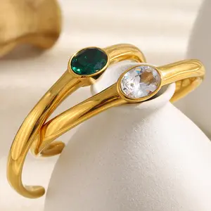 18K Gold Plated Stainless Steel Open Cuff Bangle with Oval Cubic Zirconia, Minimalist Elegant Jewelry for Women