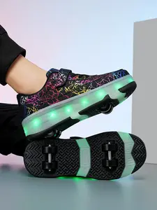 Four-Wheel LED Rechargeable Sports Shoes, Detachable Wheels, Multiple Modes, Fall Winter Outdoor Activities, Sporty Style, Shoes with Wheels