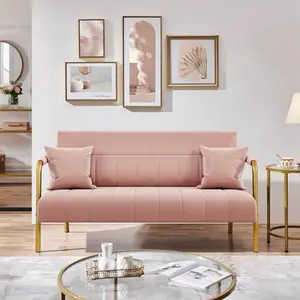 Modern Velvet Sofa with Gold Legs and Matching Pillows for Contemporary Living Room Decor