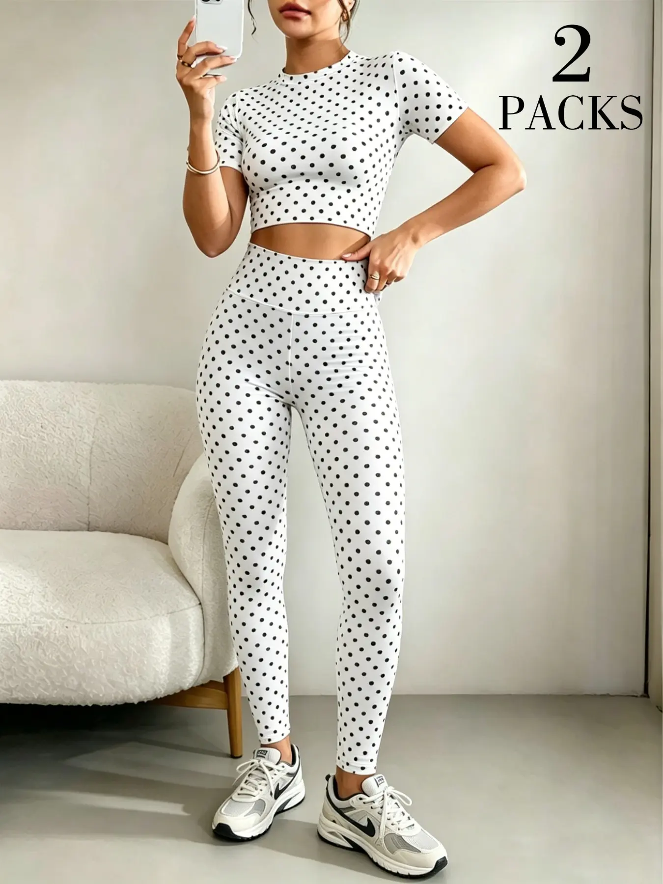 Women's Polka Dot Sport Set, Strawberry Milkshake Color Sleeveless Top & High-Waist Leggings, Yoga Workout, Casual Streetwear