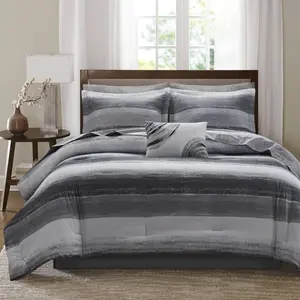 360 stand Queen-Size 9-Piece Anti-Bacterial Comforter Set, Casual Modern Style, Watercolor Striped Printed Surface, Cotton Bed Sheets, for Queen Size Bed, MPE10-1198, Black