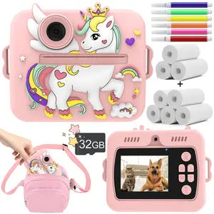 Kids Cartoon Instant Print Mini Camera Unicorn & Dinosaur Edition, 1080 P Video Recording, 3 Print Paper Rolls Included, Portable Travel-Friendly Design, Pink/Purple Unicorn & Green Dinosaur, Birthday Christmas Gift for Boys and Girls Age 3-12